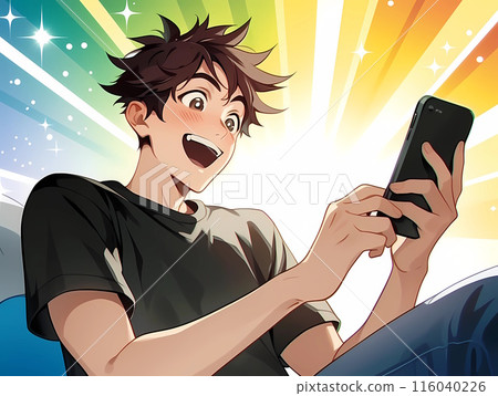 A young man rejoicing with a big smile while looking at his smartphone screen 116040226