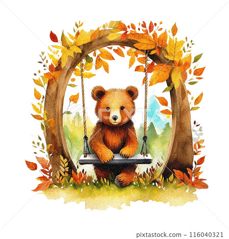 Watercolor illustration of a cute brown bear cub playing on a swing in an autumn park, cut out on white background 116040321