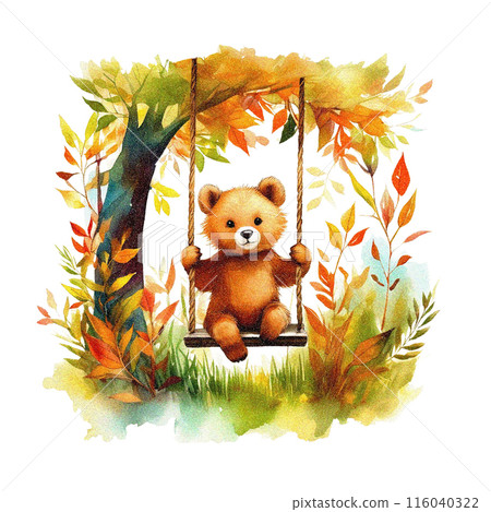 Watercolor illustration of a cute brown bear cub playing on a swing in an autumn park, cut out on white background Watercolor illustration of a cute brown bear cub playing on a swing in an autumn park, cut out on white background 116040322