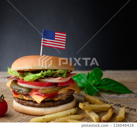 Thick and juicy burger 116040428