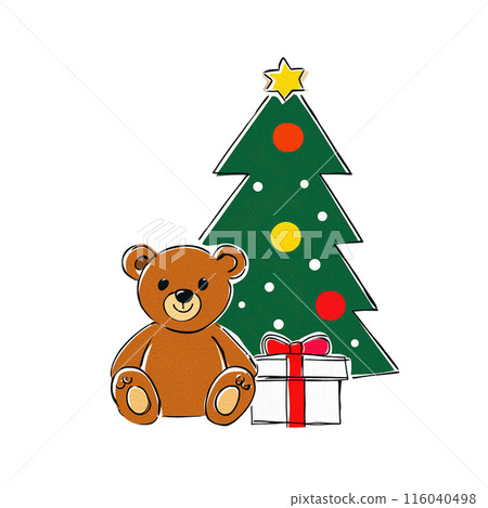 聖誕樹、禮物盒和泰迪熊手繪風格的白色背景插圖剪紙 116040498