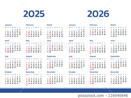 Monthly calendar template for 2025 and 2026 year. Desk calendar 2025 and 2026 design, simple and clean design, Wall calendar for print, digital calendar, Corporate design planner template vector. 116040646