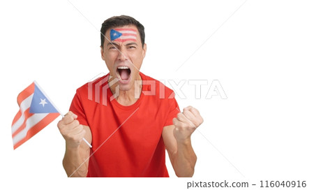 Man cheering for Puerto Rico screaming and waving a national flag 116040916