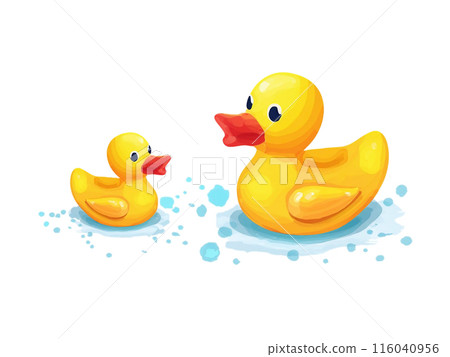 Hand-drawn watercolor illustration of a yellow duck toy floating in water, cut out on white background 116040956