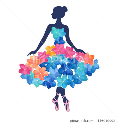 穿著花裙服裝的芭蕾舞者剪影的插圖，白色背景上的剪紙 116040998