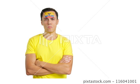 Dignified and serious man with ecuadorian flag painted on face Dignified and serious man with ecuadorian flag painted on face 116041001