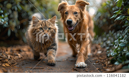 Cat and Dog Walking Together 116041182
