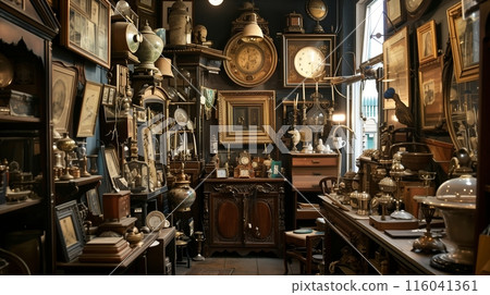 An antique shop filled with bygone curiosities attracts visitors and collectors seeking unique treasures. 116041361