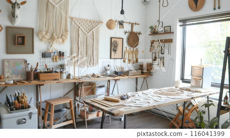 A contemporary workspace with innovative macrame projects, organized tools, and inspiring artwork. 116041399