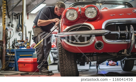 A mechanic replaces the exhaust under a lifted '60s Corvette, with an organized toolbox nearby for easy access. 116041450