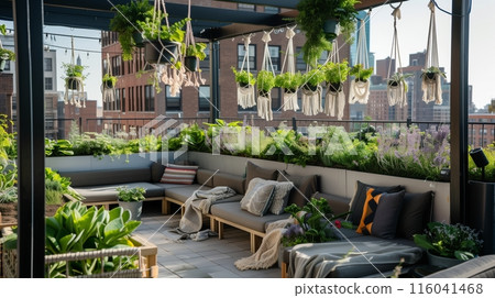 An urban rooftop garden with macrame hangers and comfy seating offers a tranquil city sanctuary. 116041468