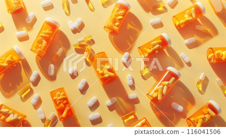 Prescription bottles, some open with pills spilling out, set against a clean background, highlight organized chaos. 116041506