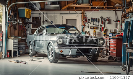 A classic 1960s Ford Mustang is being meticulously restored in a vintage garage filled with nostalgic memorabilia. 116041557
