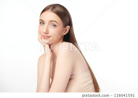 Beautiful young woman with clean fresh skin on white background, Face care, Facial treatment, Cosmetology, beauty and spa, women portrait. Beautiful young woman with clean fresh skin on white background, Face care, Facial treatment, Cosmetology, beauty and spa, women portrait. 116041591