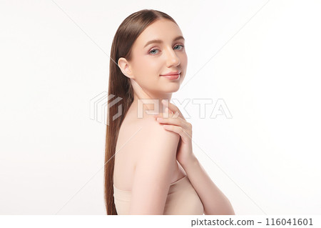 Beautiful young woman with clean fresh skin on white background, Face care, Facial treatment, Cosmetology, beauty and spa, women portrait. 116041601