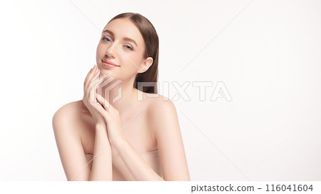 Beautiful young woman with clean fresh skin on white background, Face care, Facial treatment, Cosmetology, beauty and spa, women portrait. 116041604