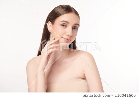 Beautiful young woman with clean fresh skin on white background, Face care, Facial treatment, Cosmetology, beauty and spa, women portrait. 116041606
