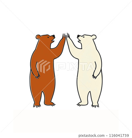 Illustration of a polar bear and a brown bear high-fiving each other, cut out on white background 116041739