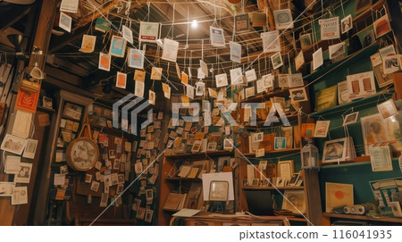 A whimsical attic adorned with colorful stamps hanging like garlands creates a nostalgic atmosphere. 116041935