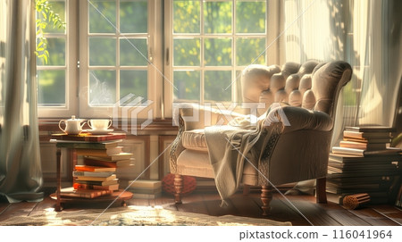 A cozy reading nook with a plush chair, sunny windows, classic novels, and a steaming cup of tea awaits you. A cozy reading nook with a plush chair, sunny windows, classic novels, and a steaming cup of tea awaits you. 116041964