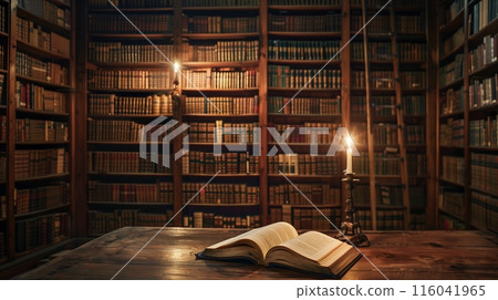 In a mysterious library, a flickering candle illuminates an open book on a weathered wooden desk. In a mysterious library, a flickering candle illuminates an open book on a weathered wooden desk. 116041965