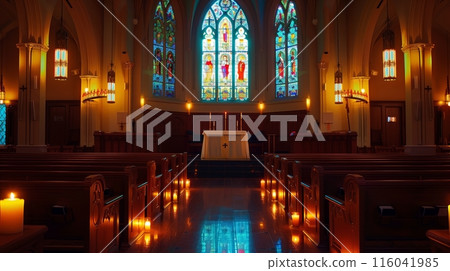 A tranquil chapel with stained glass, intricate pews, and soft candlelight creates serene beauty. A tranquil chapel with stained glass, intricate pews, and soft candlelight creates serene beauty. 116041985