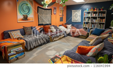 A cozy student lounge with plush sofas, blanket forts, diverse books, and board games for relaxation and socializing. 116041994