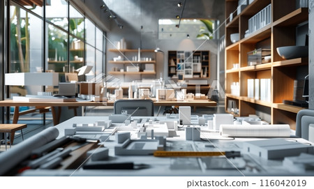 A modern architecture studio filled with detailed models, blueprints, and advanced design tools fosters creativity. 116042019
