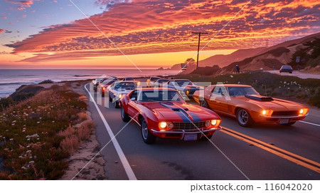 An open-air automotive event showcases vintage cars on a coastal road at sunset, thrilling all visitors. An open-air automotive event showcases vintage cars on a coastal road at sunset, thrilling all visitors. 116042020