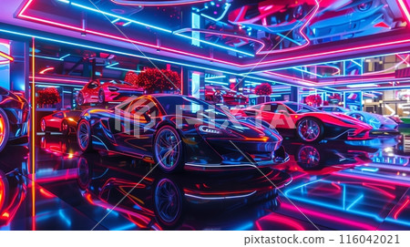 A luxurious car exhibit with neon lighting and reflective floors showcases the latest sports car models. 116042021