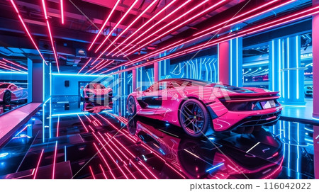 A luxurious indoor car exhibit with neon lighting and reflective floors showcases the latest sleek sports cars. 116042022