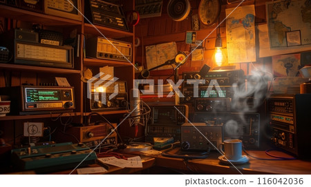 A cozy room with vintage ham radios glowing softly. Shelves of QSL cards, old maps on walls, coffee by a mic. 116042036