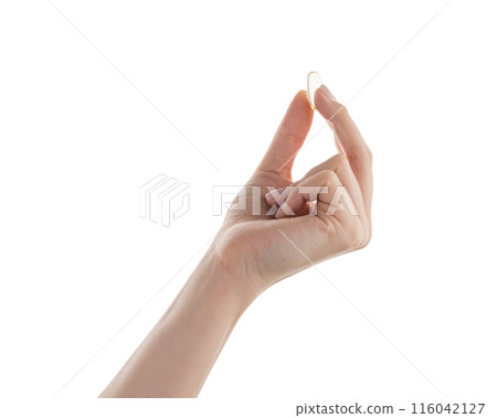 Female hand hold transparent pill isolated on white 116042127
