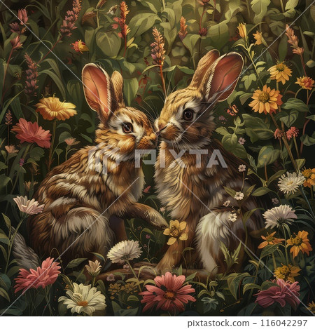 Radiant Display of Flowers Frames Rabbit Scene Unfolds Radiant Display of Flowers Frames Rabbit Scene Unfolds 116042297
