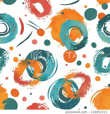 Whimsical design featuring swirling patterns of orange, teal, and red 116042321