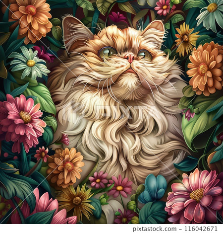 Luxurious Persian Cat Surrounded by Floral Bliss 116042671