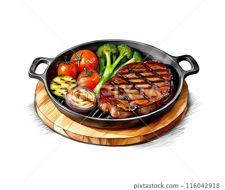 Illustration of beef steak and grilled vegetables on a black iron plate, cut out on white background Illustration of beef steak and grilled vegetables on a black iron plate, cut out on white background 116042918
