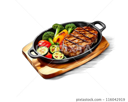 黑鐵板上烤牛排和蔬菜的插圖，白色背景上的切口 116042919