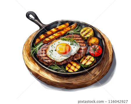 白色背景上烤牛排配煎蛋和蔬菜的插圖 116042927