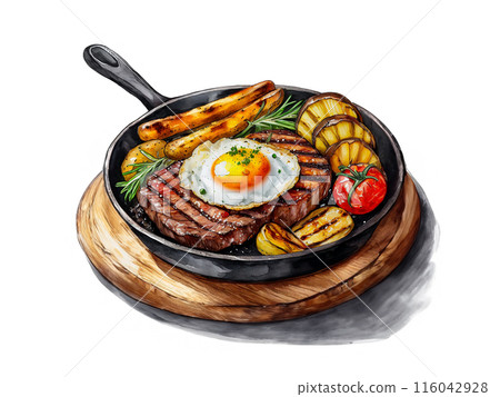 白色背景上烤牛排配煎蛋和蔬菜的插圖 116042928