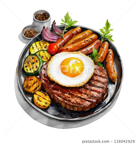 Illustration of beef steak with fried egg and grilled vegetables, cut out on white background Illustration of beef steak with fried egg and grilled vegetables, cut out on white background 116042929