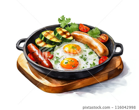 Illustration of fried eggs, sausages and grilled vegetables on a black iron plate, cut out on white background 116042998