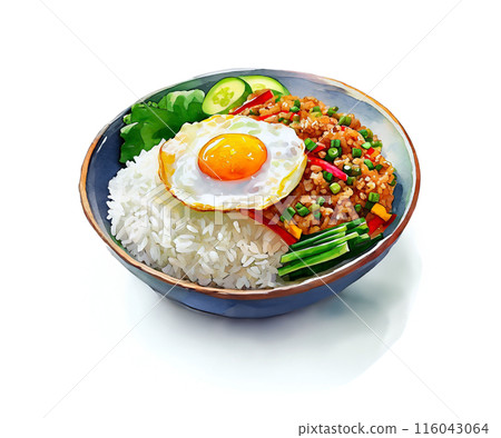 加寶米飯的插圖，上面放著煎蛋，白色背景上的切口 116043064