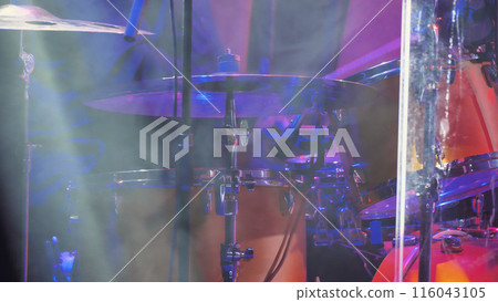 Close-up of a drum kit with various elements 116043105