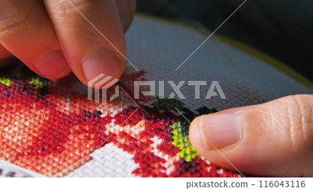 A close-up of hands doing cross stitch embroidery with colorful threads. 116043116