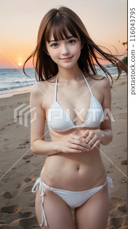 日落時，身穿泳衣的年輕女子在海灘上微笑 116043795