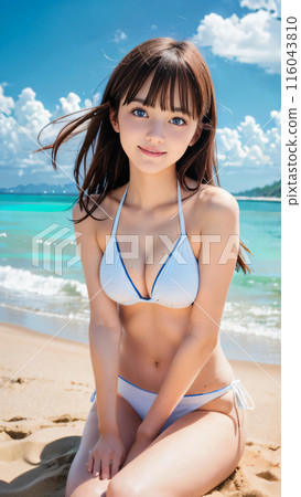穿著泳衣的年輕女子在藍天沙灘上微笑 穿著泳衣的年輕女子在藍天沙灘上微笑 116043810