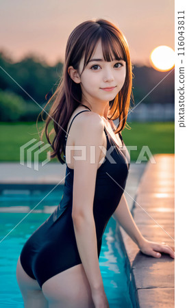 日落時穿著泳衣的年輕女子在泳池邊微笑 日落時穿著泳衣的年輕女子在泳池邊微笑 116043811