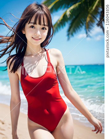 Young woman in swimsuit smiling on beach with blue sky 116043856
