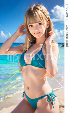 Young woman in swimsuit smiling on beach with blue sky Young woman in swimsuit smiling on beach with blue sky 116043897